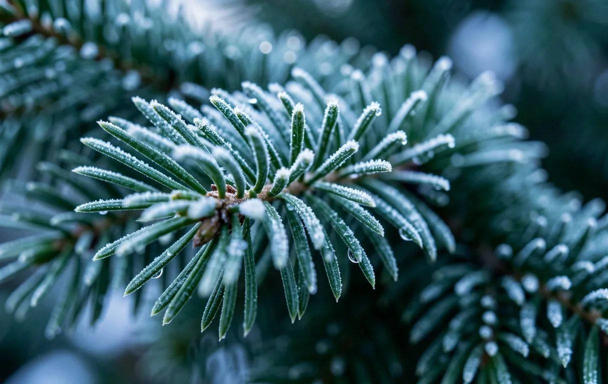 Frostige Fichtennadeln im Detail